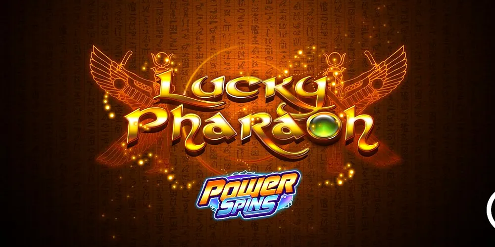 Lucky Pharaoh title screen with golden winged emblem and Power Spins logo