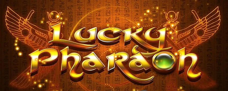 Lucky Pharaoh golden logo framed by winged Egyptian goddess figures
